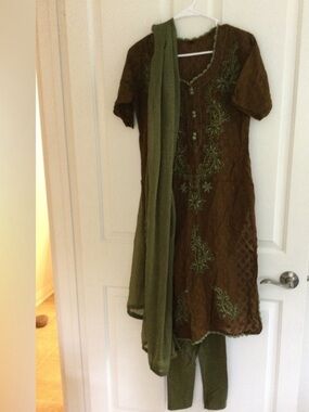 Embroidered Brown & Olive Salwar Kameez Set